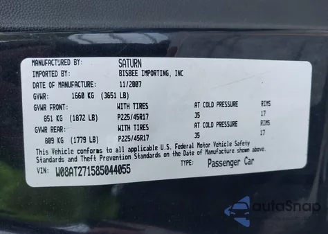 2008 Saturn Astra Xr from USA, damaged, VIN W08AT271585044055